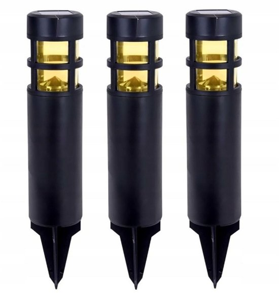 Pro Garden Solar tuinlampen / prikspots - 3x stuks - warm wit licht - 7 x 28 cm - tuinverlichting - tuinlampjes - zwart - kunststof