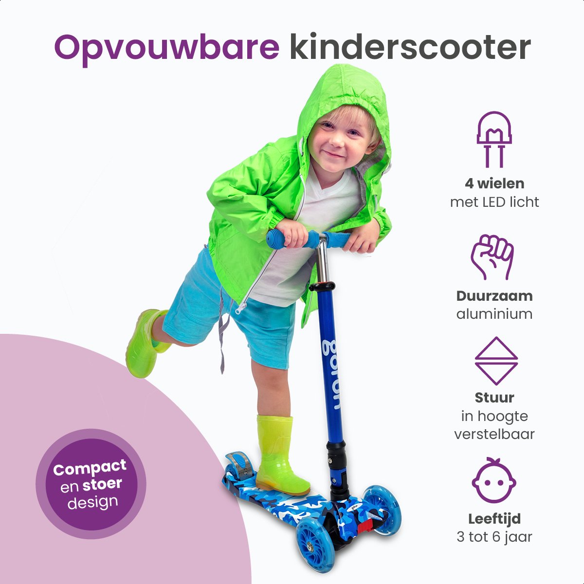GoFun Kinderstep - Lichtgevende Wielen - Opvouwbaar - Verstelbaar Stuur - 85 x 58 x 23 cm - Blauw
