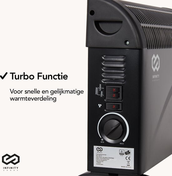 Infinity Goods Elektrische Convectorkachel - Turbo Functie en Ventilator - 750 / 1500 / 2000W - Verstelbare Thermostaat - Radiatorkachel - Oververhittingsbeveiliging - 35m² - Zwart