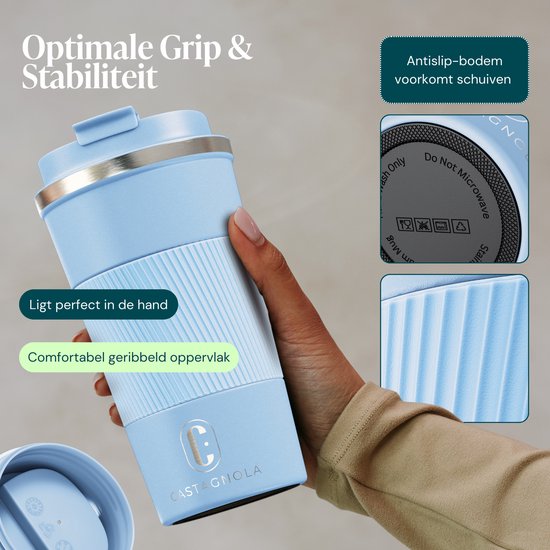 Castagnola Thermosbeker - Koffiebeker To Go - Travel Mug voor Koffie en Thee - Theebeker - 510 ML - RVS - Lichtblauw