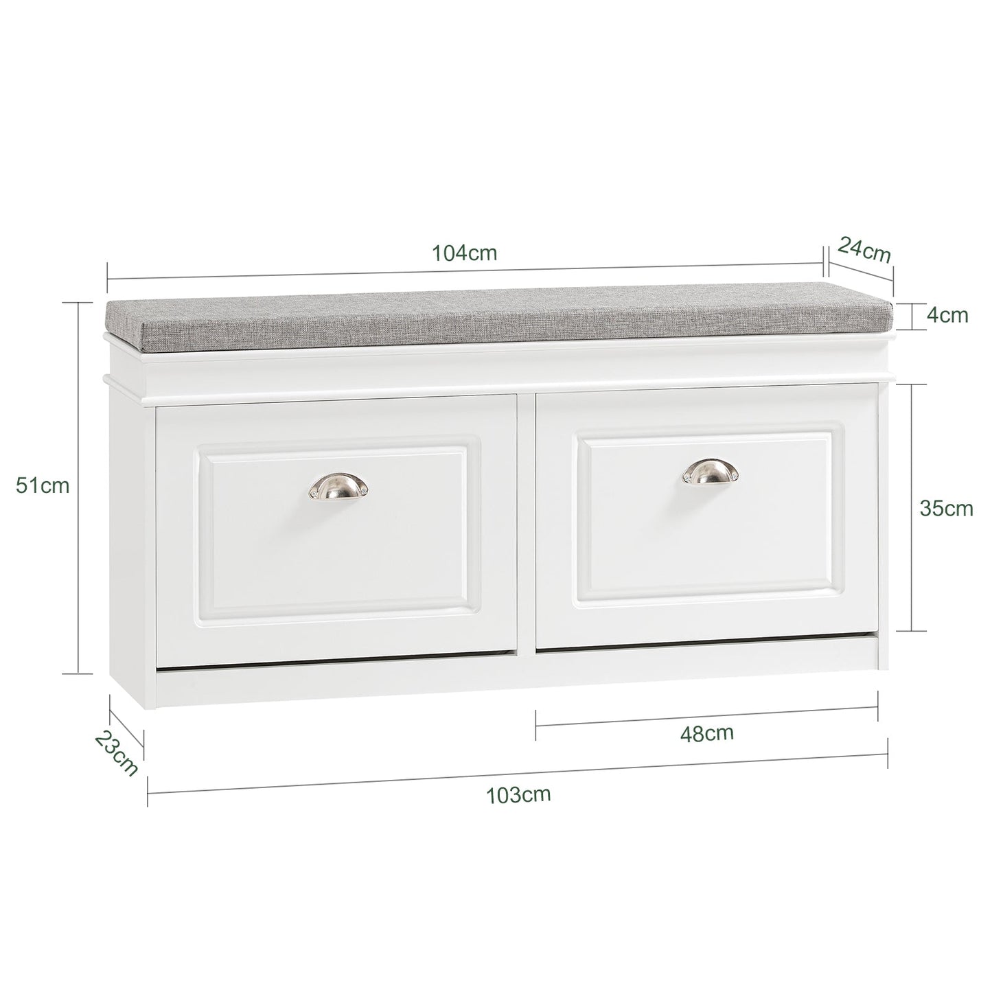 SoBuy Schoenenkast met Zitkussen en Kleppen – Smalle Schoenenbank voor de Hal – Wit – 104 x 24 x 51 cm