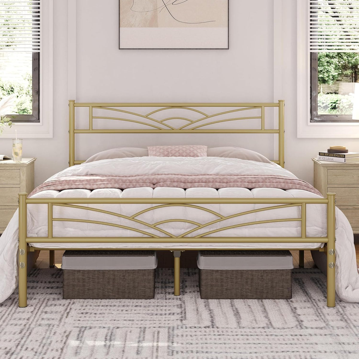 Yaheetech Metalen Bedframe 140 x 200 cm – Antiek Goud – Modern Jeugdbed met Lattenbodem en Ruime Opbergruimte