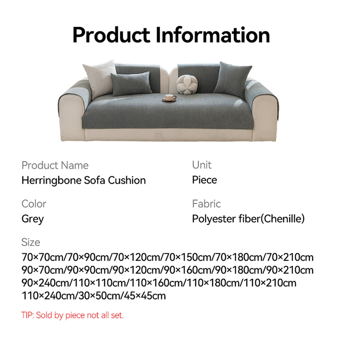 Ochama Sofahoes alleen voor Zitgedeelte - Antislip - 70 x 180 cm - Polyester - Grijs