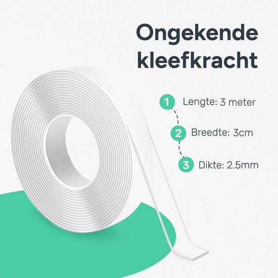 Dubbelzijdig tape extra sterk - 3 meter - 3 cm breed - Waterbestendig en Herbruikbaar - Montage - Nano - Plakband - Klussen - Transparante