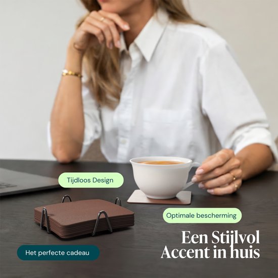 Castagnola Kunstlederen Onderzetters – Onderzetters voor Glazen – Design Onderzetters met Houder – Leren Onderzettersset met metalen houder – Leder – Set van 10 - Bruin - 10x10cm