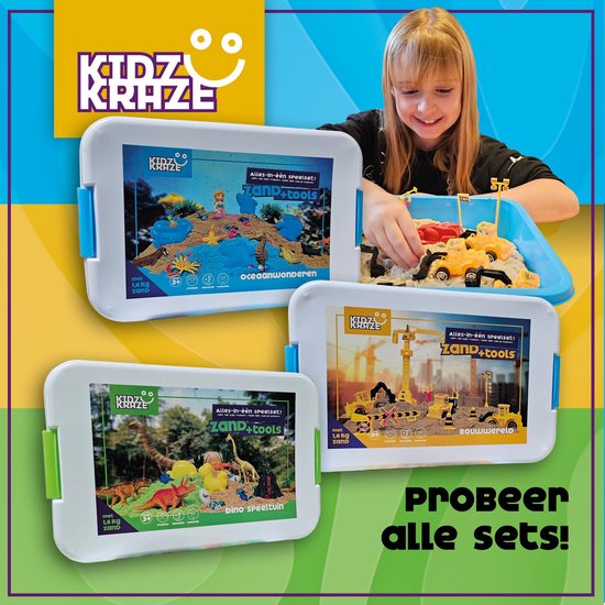 KidzKraze® Bouwwereld Speelzand – 1,6 kg bruin kleefzand voor binnen – Met Vormpjes en Speelgoed – Inclusief speel en opbergkoffer – Sensorisch – Speelgoed – zand bak starter set voor kinderen - Het grote speelgoedboek 2025