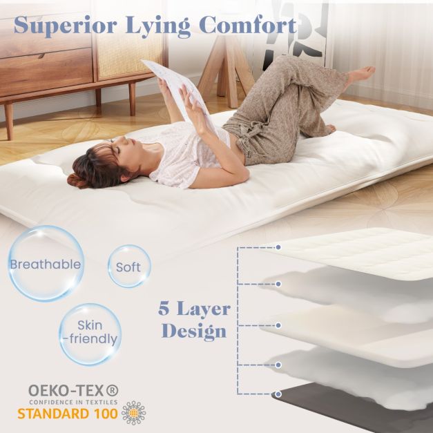 Coast Vloer Matras - Opvouwbaar - Wasbaar - Microvezel - 203 x 137 x 10 cm - Beige