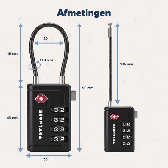 TRVLMORE Kofferslot met Kabel - TSA Gecertificeerd - Alarmfunctie - 4-Cijferig - 2 Stuks - Zwart