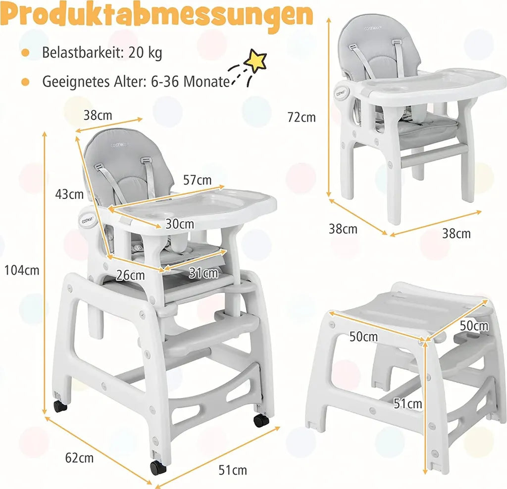 Coast 3 in 1 babystoel Hoge stoel & eetstoel & kinderzitje Groep 62 x 51 x 104 cm grijs
