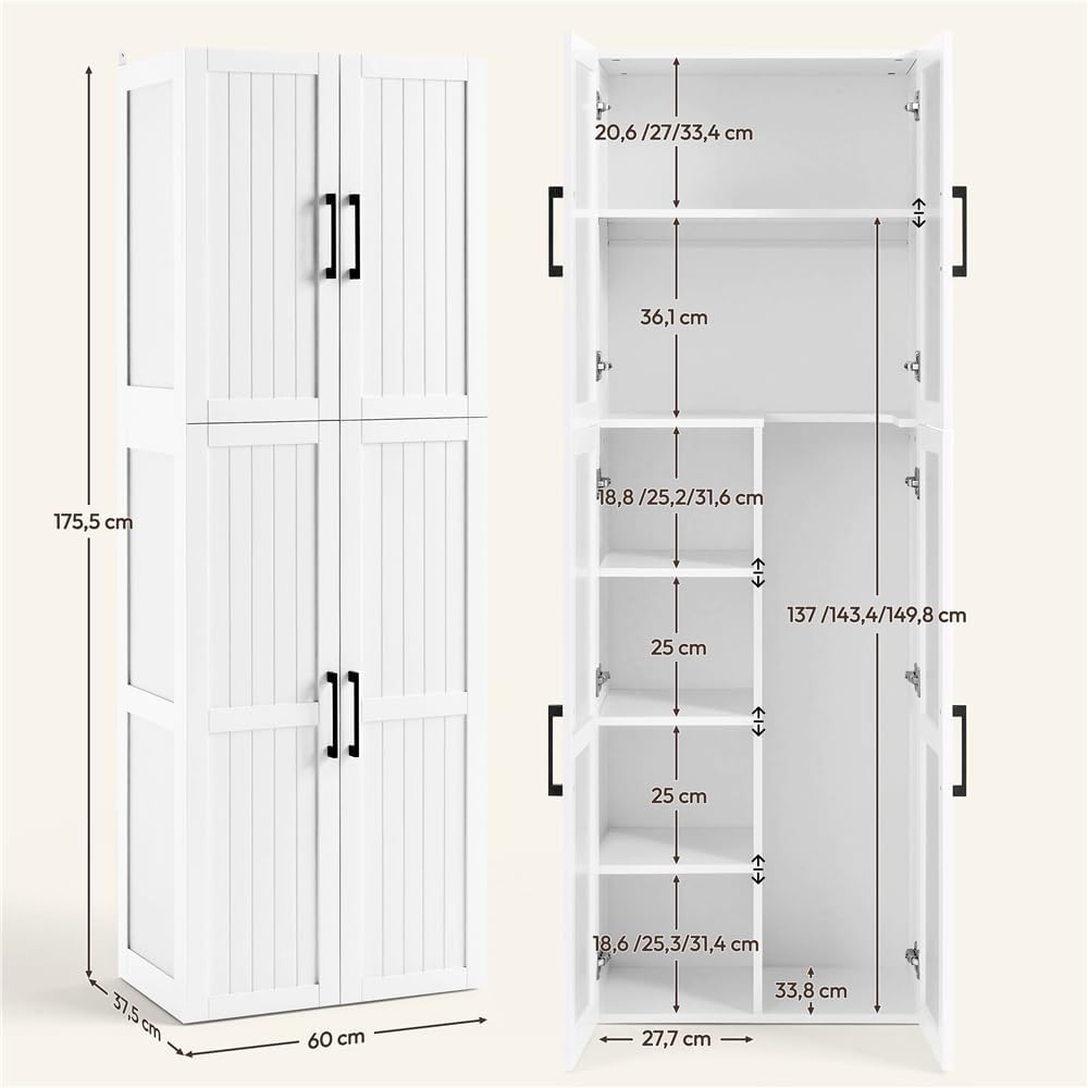 Yaheetech Schoonmaakkast 60 × 37,5 × 175,5 cm – 4 deuren, verstelbare legplanken, wit