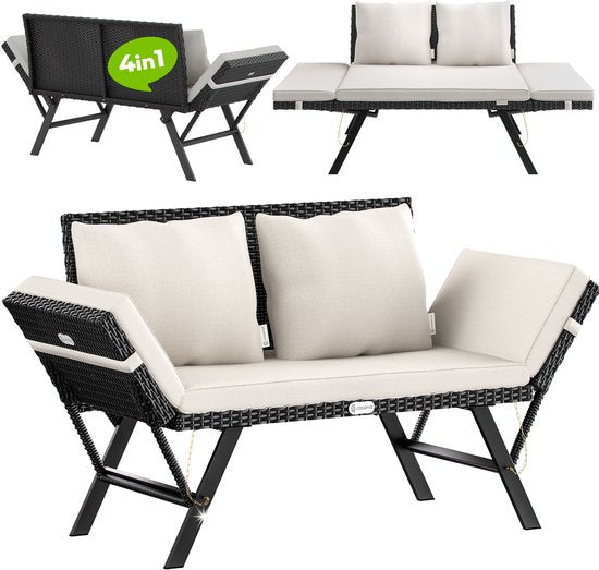 Casaria Polyrattan Tuinbank – 176 cm Verstelbaar Incl. Kussens – Zwart