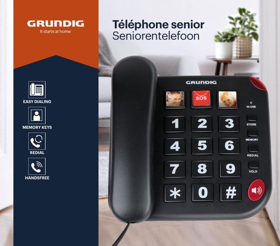 Grundig Senioren Telefoon Huistelefoon - Huistelefoon Senioren Grote Toetsen - Seniorentelefoon met Foto Sneltoetsen - Luidspreker en SOS-Knop - Zwart