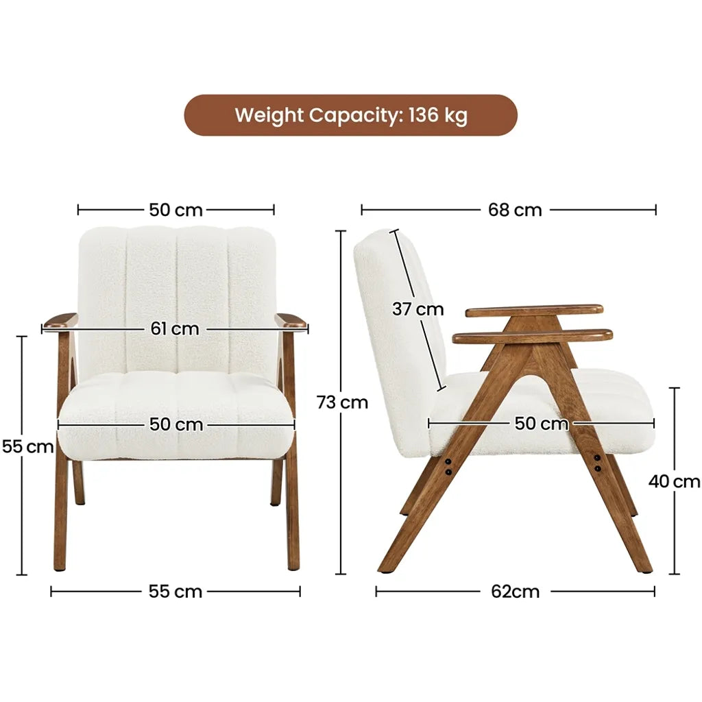 Yaheetech Fauteuil Wit – Bouclé Loungestoel met Armleuningen en Houten Poten – 60,5 x 68,5 x 73 cm