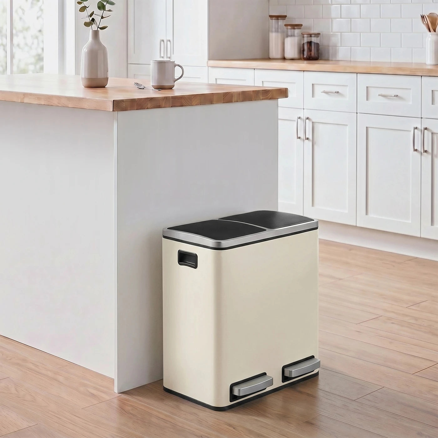 Joyfurnos Dubbele Pedaalemmer - Beige & Zwart - 2 x 15 Liter - Softclose Deksel - Staal - 41,8 x 35,9 x 44,5 cm