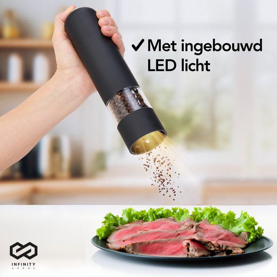 Infinity Goods Elektrische Peper- En Zoutmolen Set - Pepermolen - Zoutmolen - Verstelbare Maalgraad - Kruidenmolen - Zwart