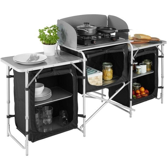 tectake® - Campingkeuken 172x52x104cm - Opvouwbaar - Afsluitbare compartimenten - Stevige werkbladen - Incl. windscherm- zwart