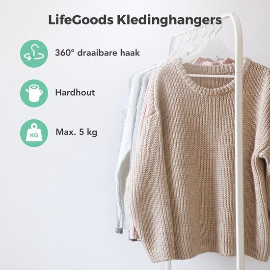 LifeGoods Kledinghangers - Met Broeklat - Hardhout - Wit - 50 Stuks