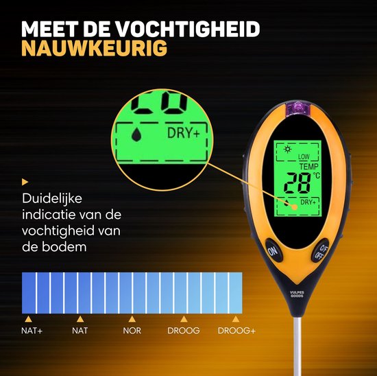 Vulpes Goods® Vochtmeter voor Planten - 4-in-1 - Vochtigheidsmeter - Binnen en Buiten - Hygrometer voor Kamerplanten - - pH, Lichtmeter, Temperatuurmeter en Vochtigheidsmeter - Vochtmeter Grond - PRO versie - Incl. Batterij
