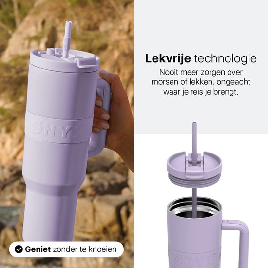 ONYX Drinkfles met Rietje 1.2 Liter - Waterfles voor Kinderen & Volwassenen - Thermosbeker RVS Travel Mug - Motiverende Drinkbus - Drinkbeker voor School - Pastel Purple