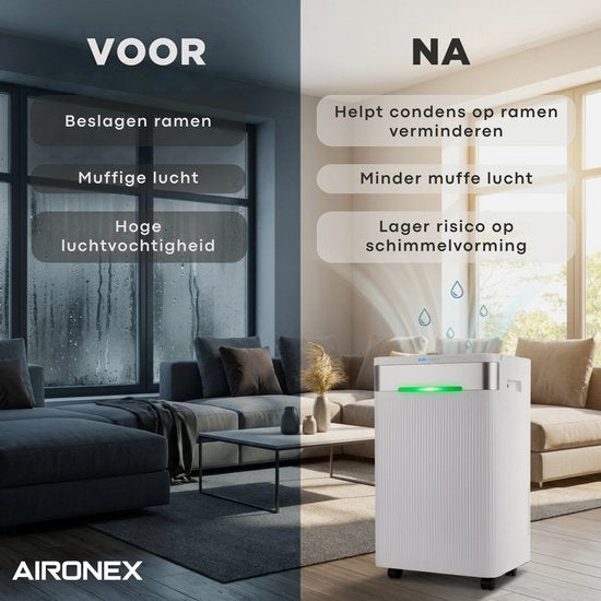Aironex Luchtontvochtiger 20L per dag – Wasdroogfunctie – Tot 70 m² – Stil – Met App & Ionisator – Voor Kelder, Woonkamer, Slaapkamer & Badkamer – Dehumidifier