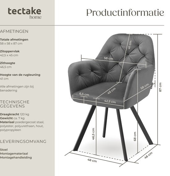 tectake® - Draaistoel in fluweellook - Eetkamerstoel met armleuningen - Ergonomische zitting en rugleuning - 180 graden draaibaar - Moderne stoel met stalen poten - Diverse kleuren - Antraciet