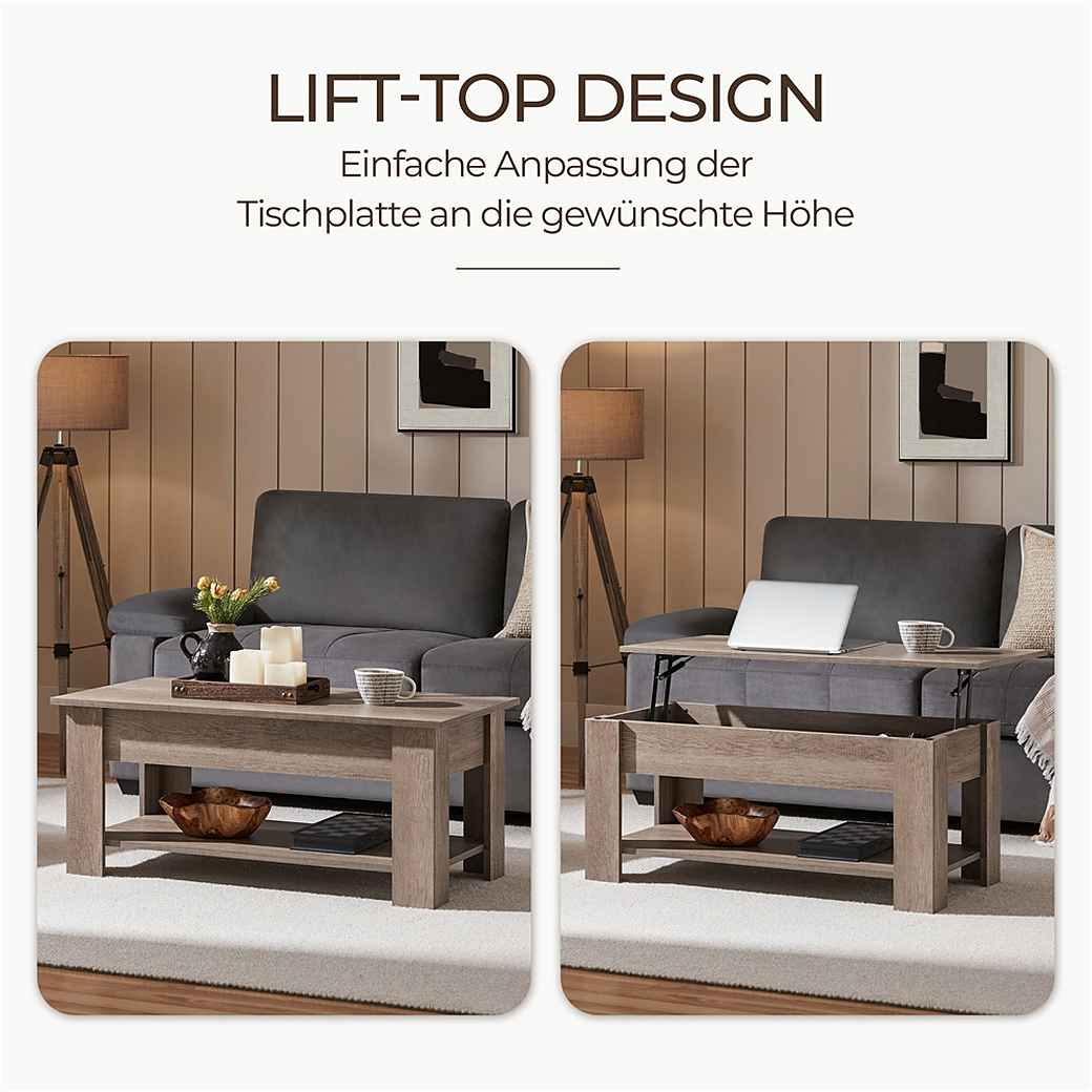 Yaheetech Salontafel met Lift-Top – Grijs – 98 x 50 x 41,8/56 cm – In hoogte Verstelbaar met Opbergruimte