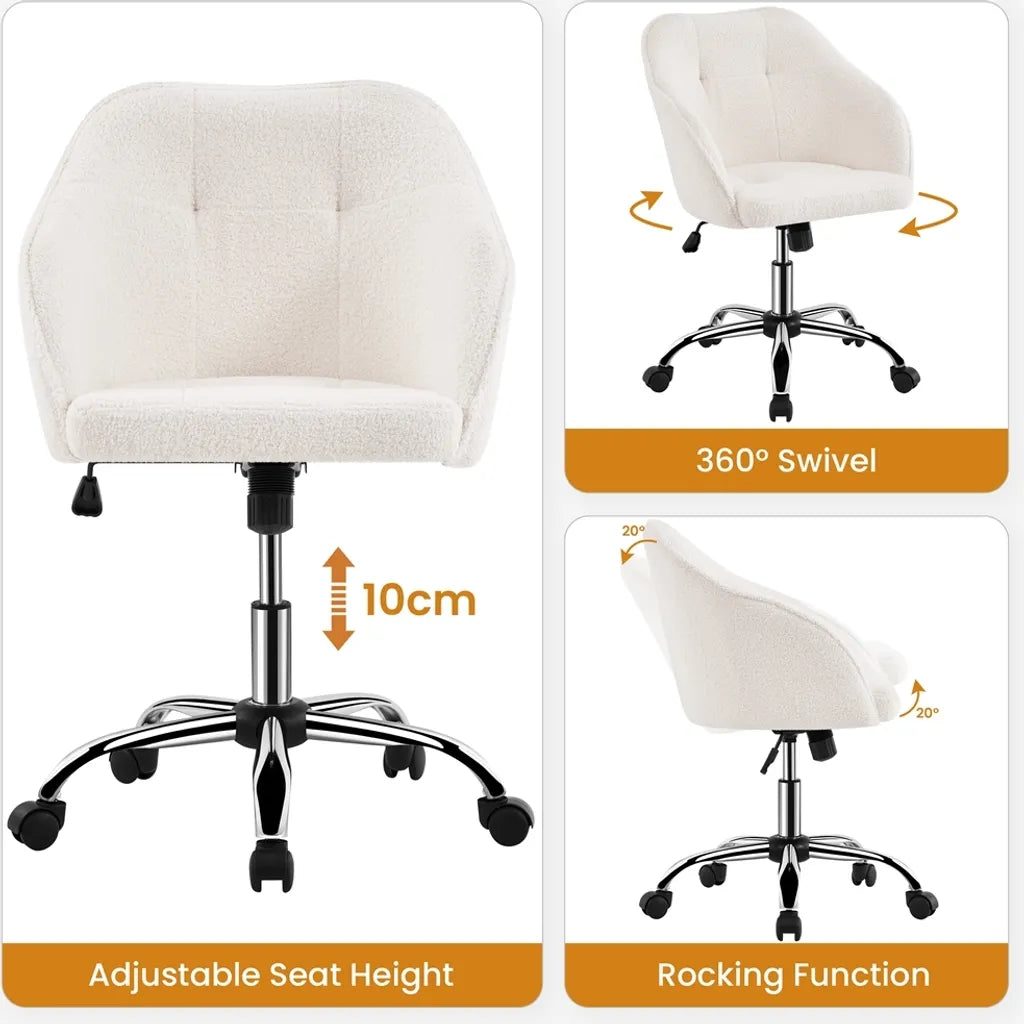 Yaheetech Ergonomische Bureaustoel 60 x 60 x 76,5-86,5 cm - Ivoor - Verstelbare Draaistoel met Fluwelen Bekleding