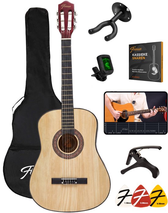 Finesse Akoestische Gitaar - met Videocursus - Nylon Snaren - Klassieke Gitaar - Spaanse Gitaar - Kind - Volwassenen - Naturel