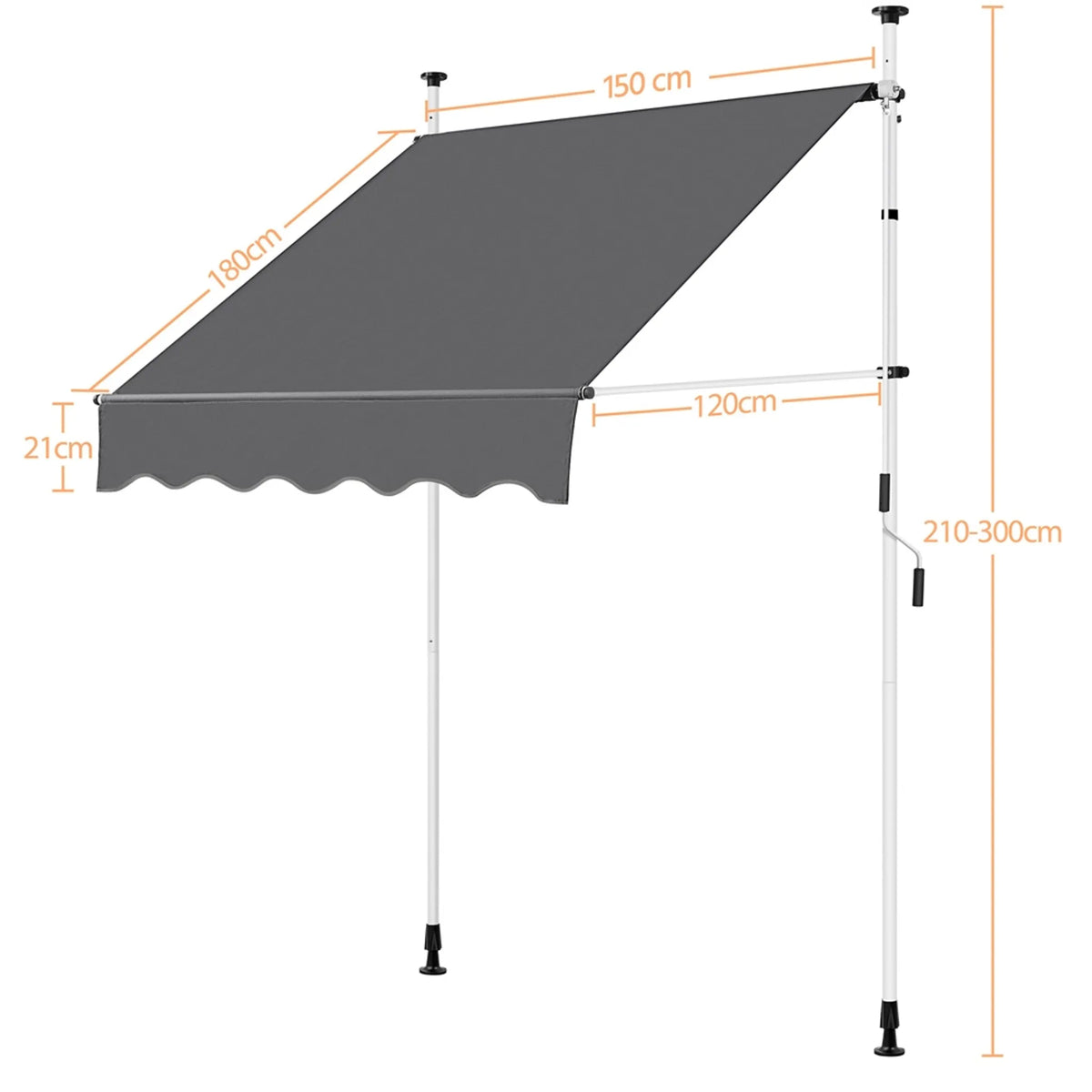 Yaheetech Klemzonnescherm Met Handslinger – Voorzien Van In Hoogte Verstelbare Telescopische Stangen En Waterafstotend Doek En Beschermvoetjes – Voor Balkon En Terras – Donkergrijs Polyester En Metaal – 150 x 180 x 210-300 cm