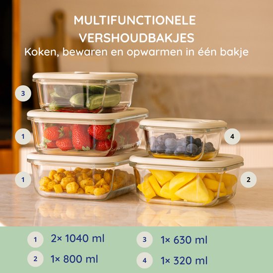 Safecourt vershoudbakjes - volledig van glas (100% micro-plastic vrij) - oven, vriezer, magnetron en vaatwasser - 5 delige set
