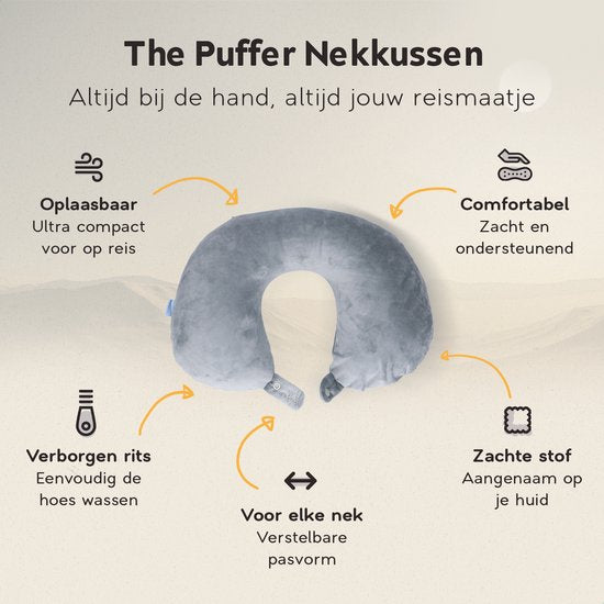 TRAVARA Nekkussen The Puffer - Opblaasbaar Reiskussen - Voor Vliegtuig - Auto kussen - Travel Pillow - Grijs