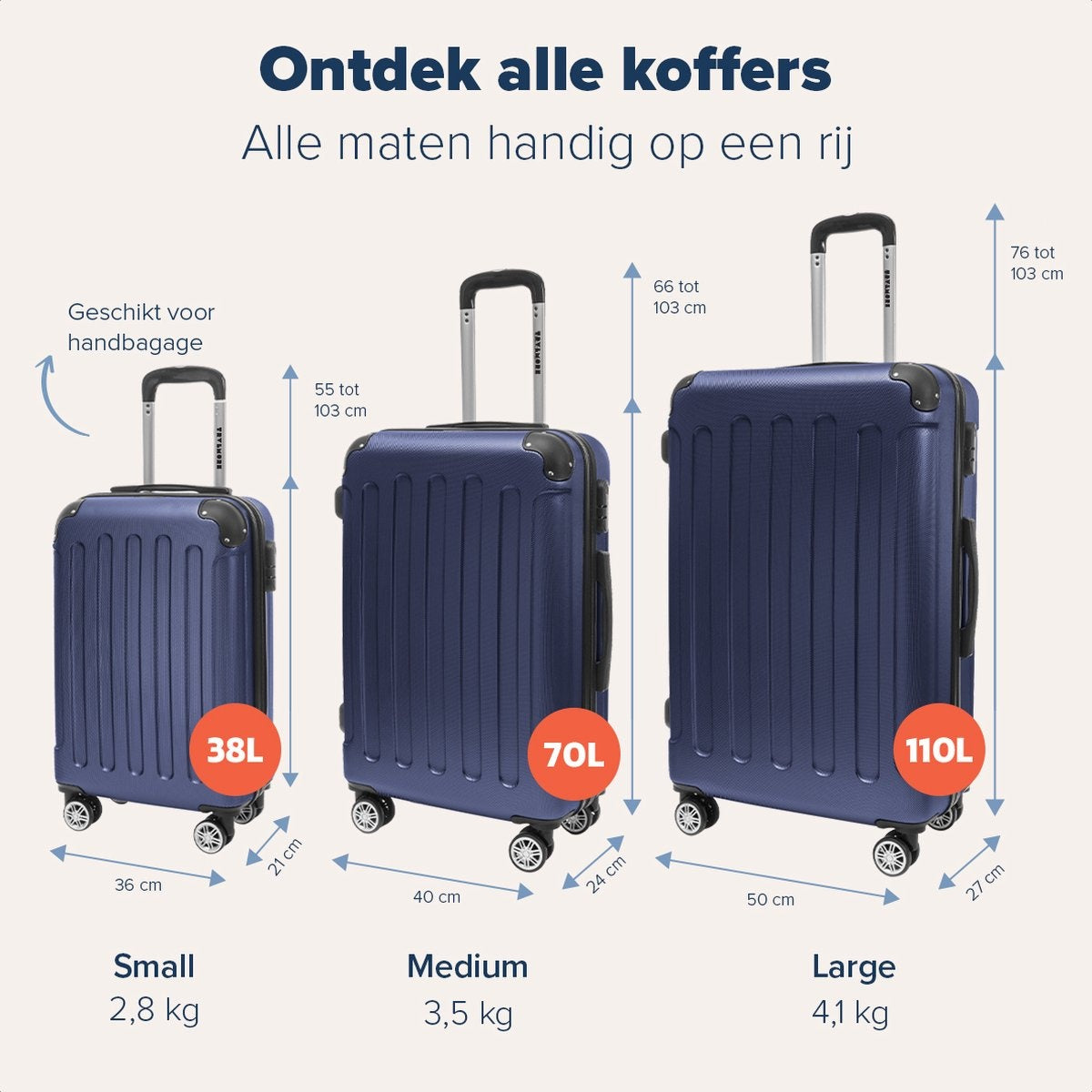 TRVLMORE Handbagage Koffer met Wielen - Cijferslot - 54x36x20cm - 38L - Donkerblauw