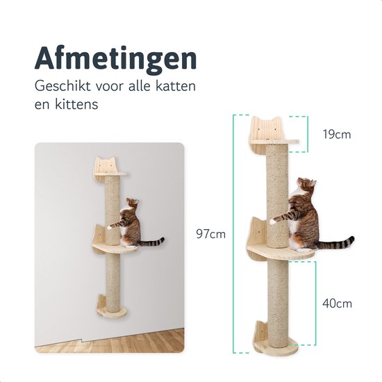 Katten klimmuur - Krabpaal - 2 Plateaus - Katten klim wand - Muur - Klimmuur kat - Voor grote katten - Klimwand - complete set