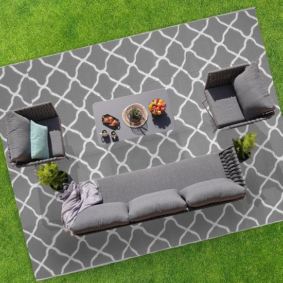 LifeGoods Buitenkleed - 274x350CM - Vloerkleed - Tuintapijt - Buitentapijt - Omkeerbaar - Incl. Draagtas - Met Patroon - Grijs/Wit