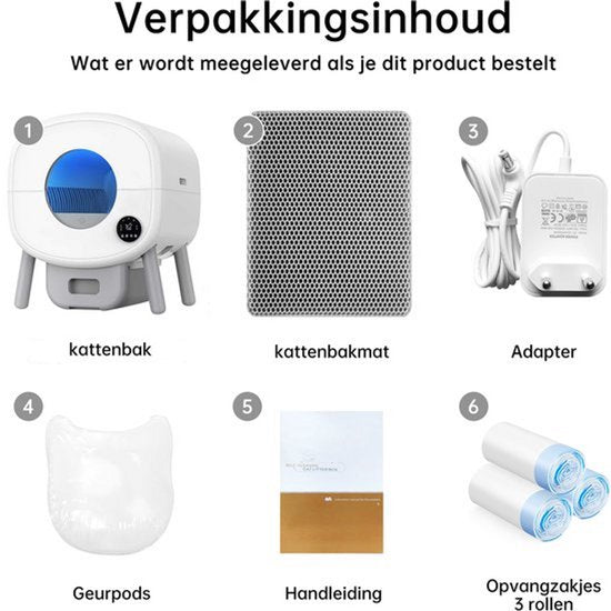 Zelfreinigende Kattenbak - Grote Capaciteit Automatische Kattenbak -XXL 95L -Electrische Kattenbak- Incl. App-Met Kattenbakmat en 3 rollen opvangzakjes