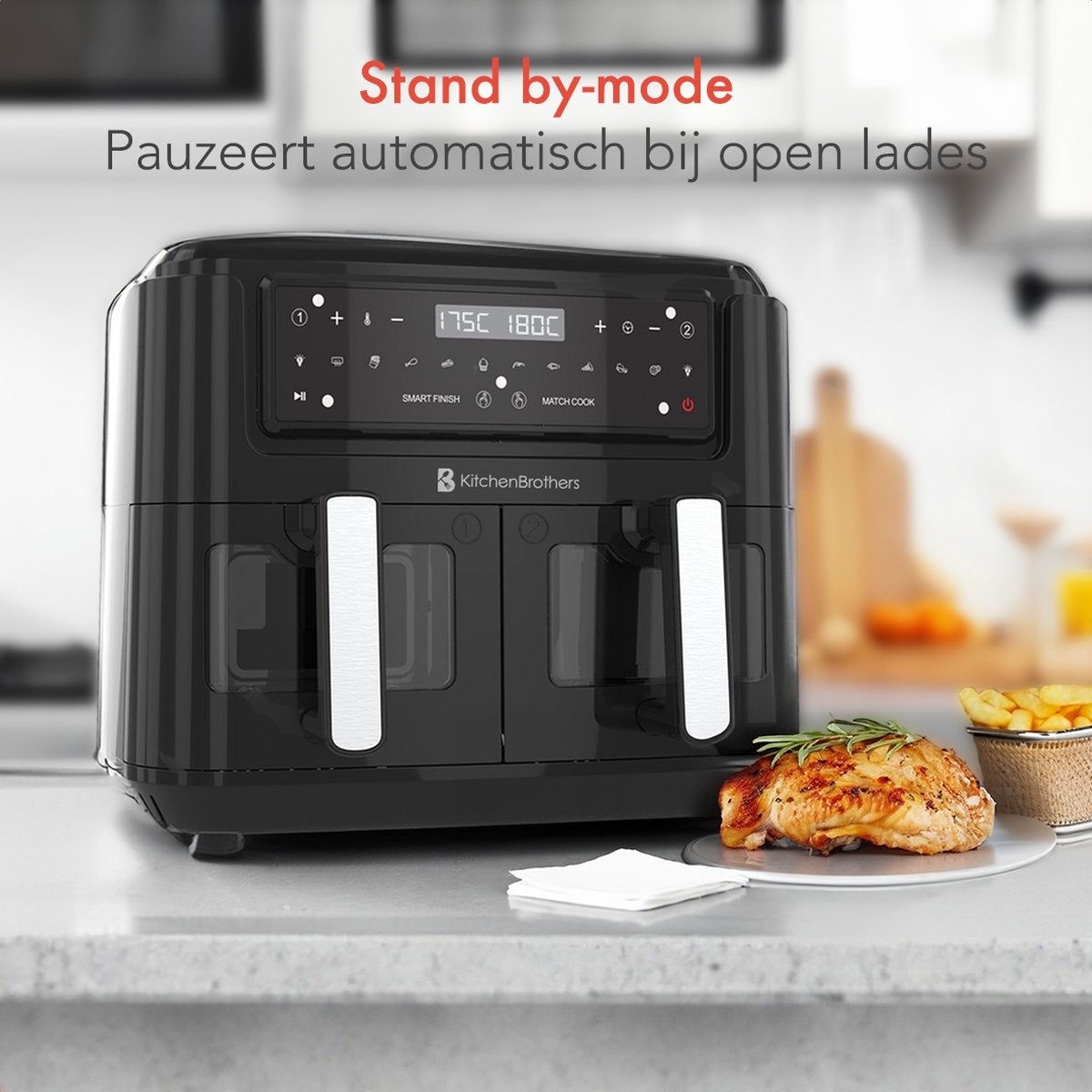 KitchenBrothers Airfryer XXL - 2x 4.5L - 2400W - Zwart