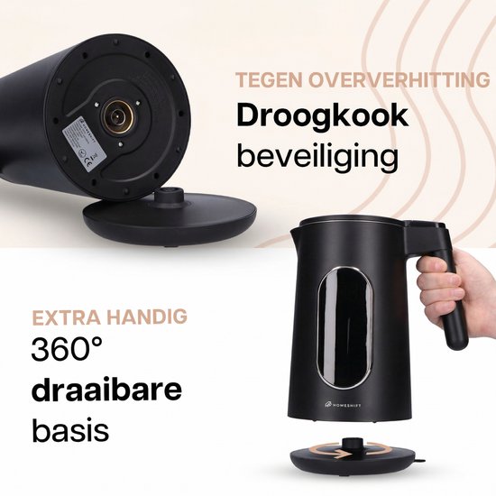 HomeShift® Waterkoker met Temperatuurregeling - Warmhoudfunctie - Dubbelwandig - Elektrisch - 1,7 Liter - 2200W - Zwart