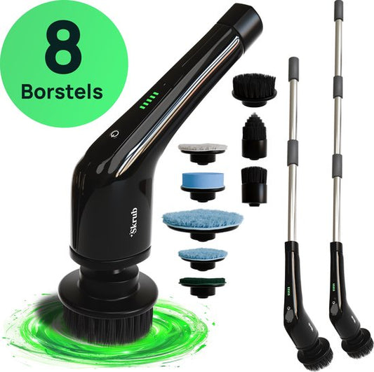 Skrub elektrische schoonmaakborstel 2500mAh - met steel en 8 opzetstukken - veelzijdig voor badkamer, keuken en auto
