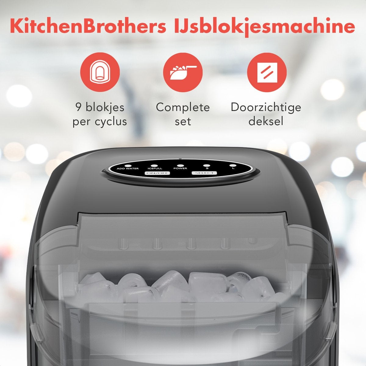 KitchenBrothers IJsblokjesmachine - 1.6L - 8 min. - 12kg/24u - Zelfreinigingsfunctie - IJsblokmaker met IJsschep - Zwart