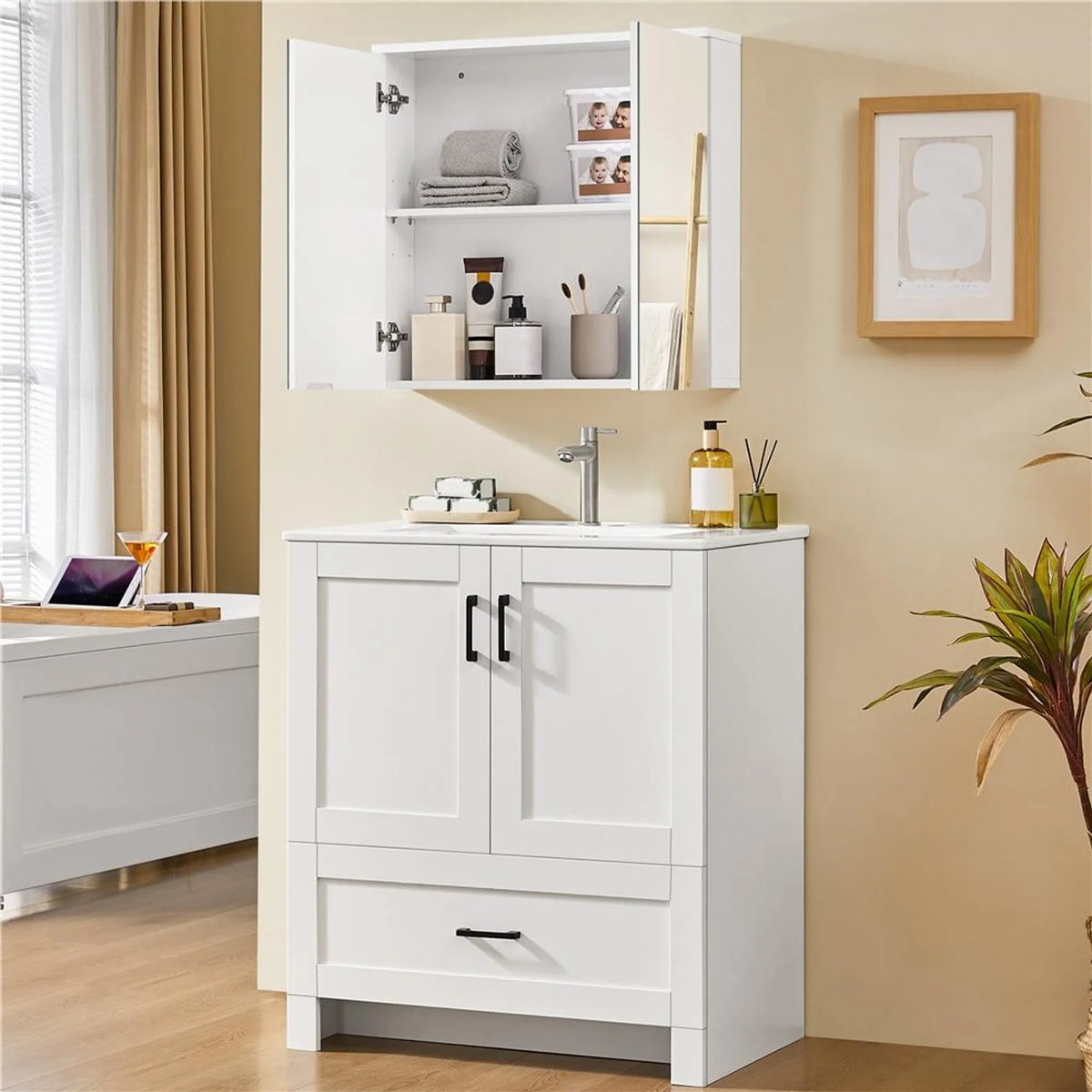 Yaheetech Stijlvolle Spiegelkast voor de Badkamer 63x15x60 cm – Fris Wit – MDF en Glas
