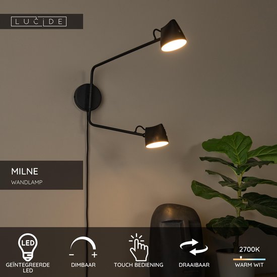 Lucide MILNE - Wandlamp - LED Dimbaar - 2x8W 2700K - Zwart