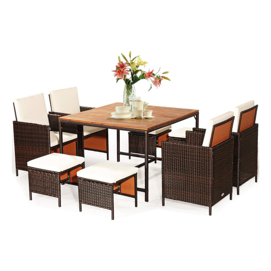 9-Delige Polyrotan Tuinset Bruin/Beige – 110 x 110 cm Tafel – Inklapbare Stoelen & Voetenbank – Weerbestendig Rotan met Acaciahout