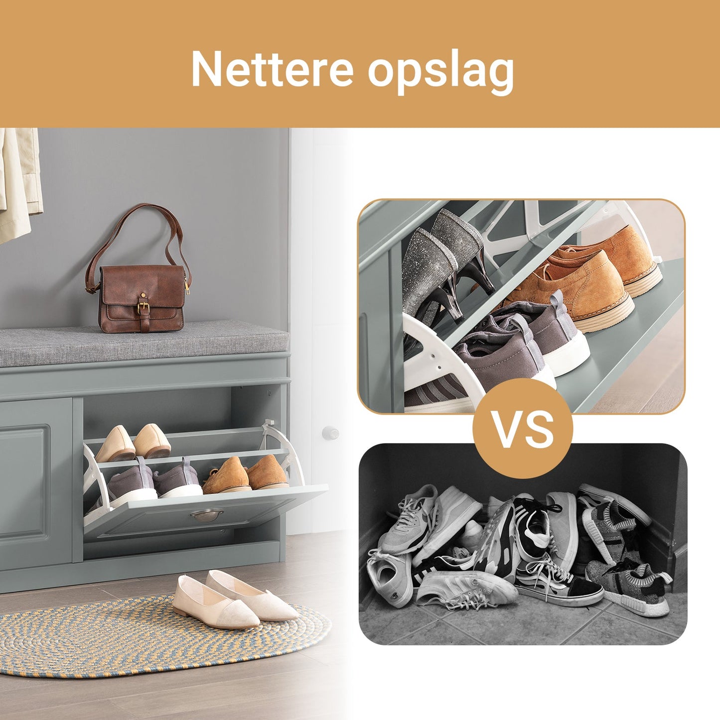 SoBuy FSR64-HG Smalle Schoenenbank met Zitkussen - 2 Kleppen - Tot 8 Paar Schoenen - Grijs - 60 x 24 x 102 cm