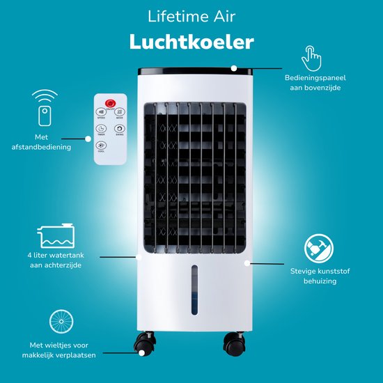 Lifetime Air Aircooler met Koelelementen - Ventilator, Luchtbevochtiger en Luchtkoeler - 55dB - Afstandsbediening en Timer - Watertank 4L - 22 x 24 x 53,5 cm