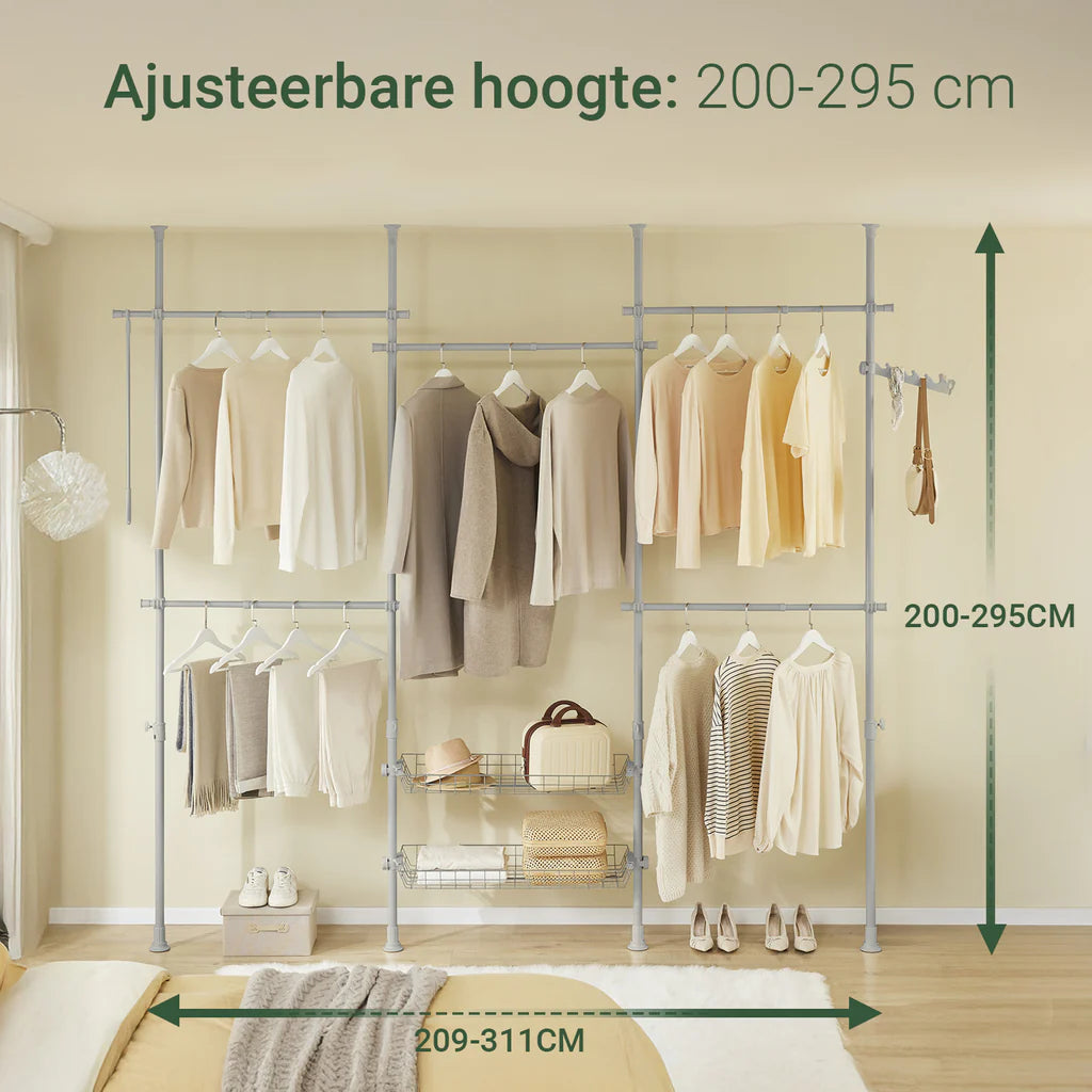 SoBuy KLS04-II-HG Telescoopstang Kledingrek met 5 Kledingstangen en 2 Manden