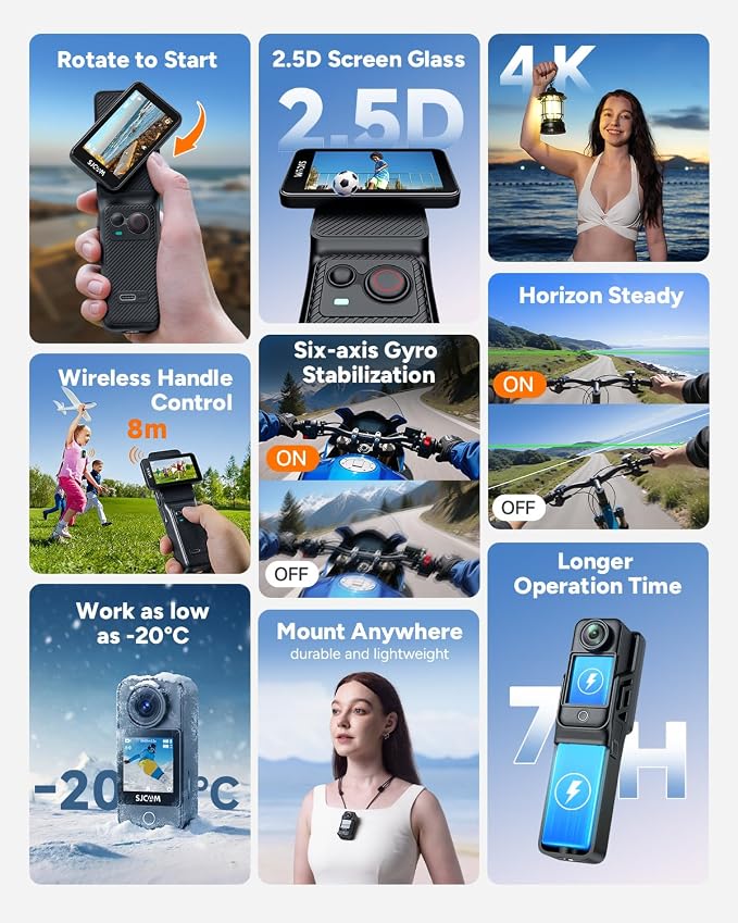 SJCAM C400 Action Camera 4K, 7 Hours Battery Life, 6-Axis Stabilization, Sports Camera with Dual Touchscreen, 30 Meters Waterproof, Vlogging Camera with Accessory Kit, Black, Includes 64GB Card