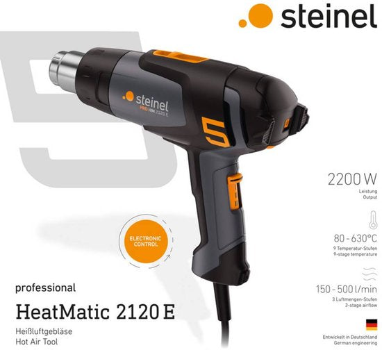 Steinel Heteluchtpistool HM 2120 E - 2200W - Verfafbrander - Temperatuur instelbaar van 80-630°C - Luchtvolume instelbaar van 150-500l/min - incl. koffer en diverse mondstukken
