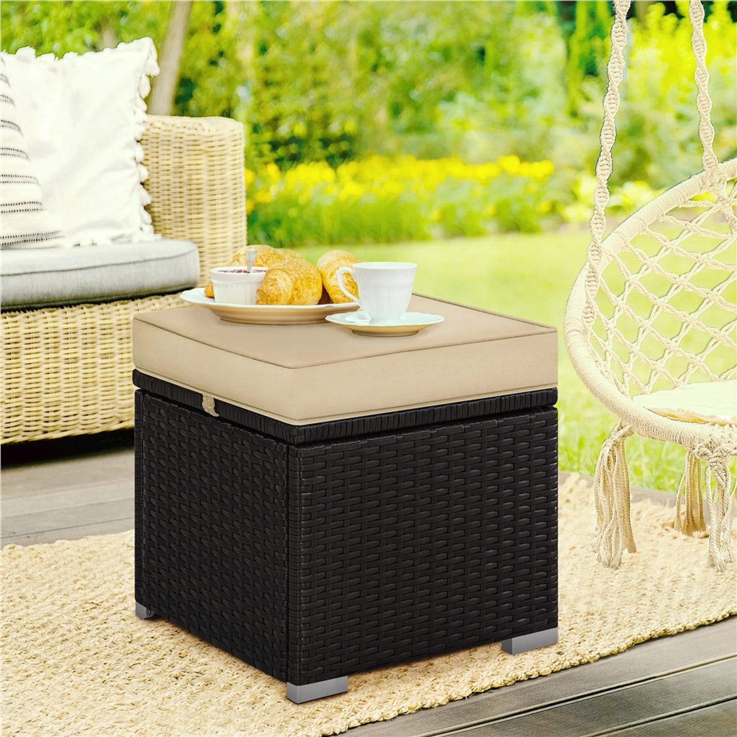 Yaheetech Kruk Met Opbergruimte 2 Stuks – Voorzien Van Verborgen Compartiment En Waterafstotend Rotanvlechtwerk En Gepoedercoat Metalen Frame – Voor Tuin Balkon En Woonkamer – Bruin Khaki Polyethyleen En Metaal – 40 x 40 x 42,5 cm