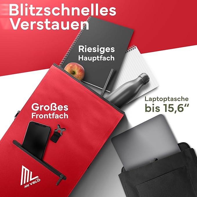 MIVELO Fietstas – 3-in-1 Rugzak & Schoudertas – Waterdicht & Incl. Laptopvak – 25 liter – Rood