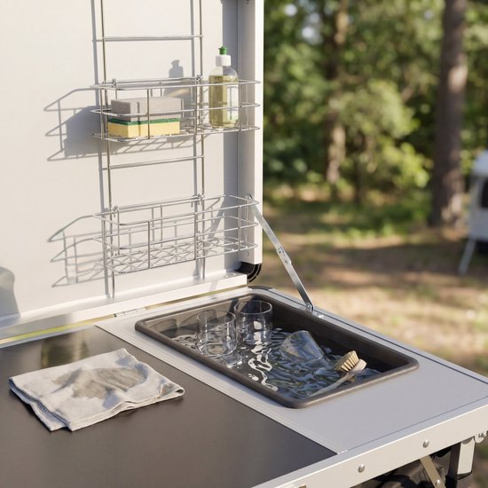 Tristar Campingkeuken – Opvouwbaar - 100x50cm – Met Gootsteen – Aluminium Frame - Campingkast en Buitenkeuken – Inclusief Draagtas – Verstelbare Poten - KI-0825